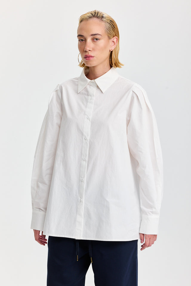 חולצה מכופתרת אלמונד כותנה ארוכה לבנה