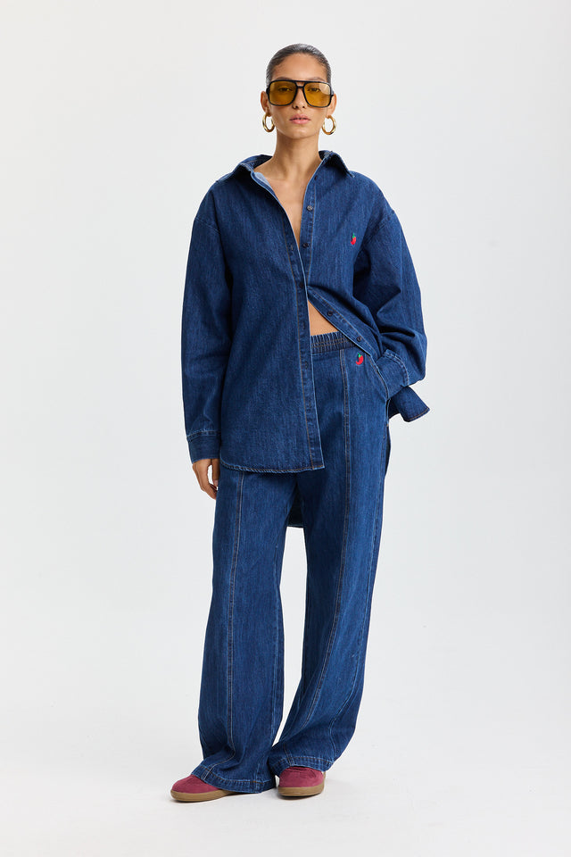 מכנסי ג'ינס בייגל ספייסי גומי זיפר כחול כהה