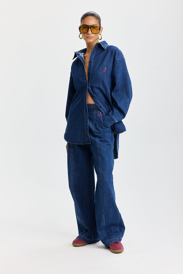 מכנסי ג'ינס בייגל ספייסי גומי זיפר כחול כהה