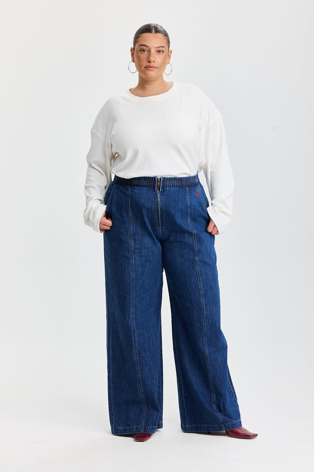 מכנסי ג'ינס בייגל ספייסי גומי זיפר כחול כהה