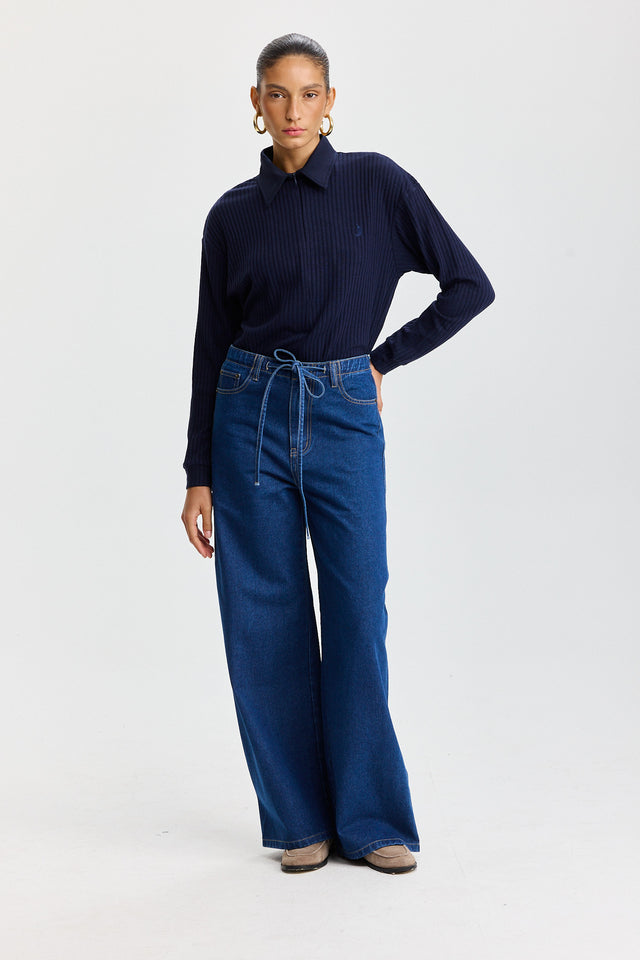 מכנסי ג'ינס טופו מתרחבים קשירה כחול כהה