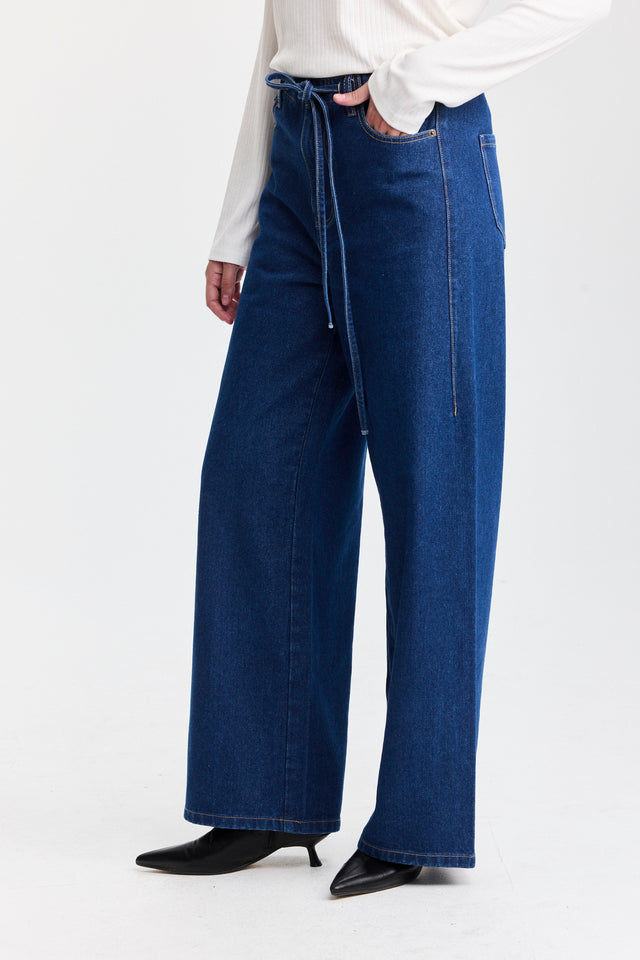 מכנסי ג'ינס טופו מתרחבים קשירה כחול כהה