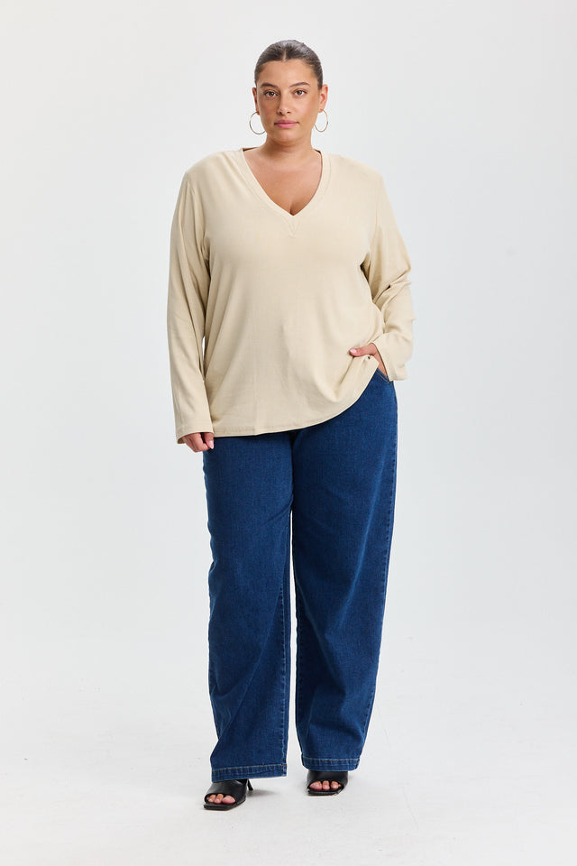 חולצת פנקייק מפתח וי שרוולים ארוכים וכריות נשלפות אבן