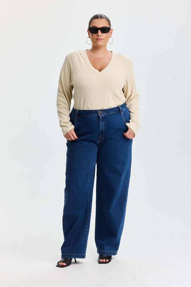 חולצת פנקייק מפתח וי שרוולים ארוכים וכריות נשלפות אבן