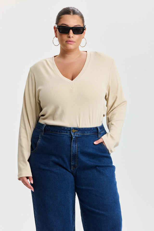 חולצת פנקייק מפתח וי שרוולים ארוכים וכריות נשלפות אבן