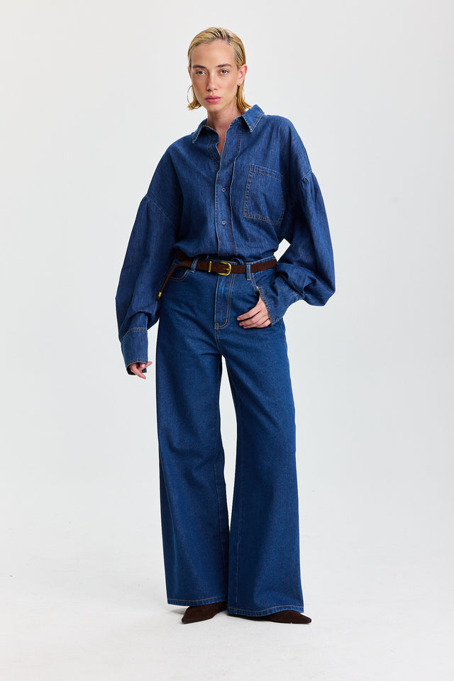 מכנסי ג'ינס טופו מתרחבים קשירה כחול כהה