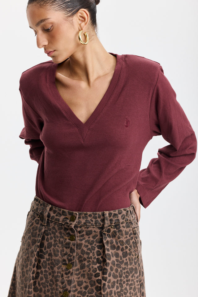 חולצת פנקייק מפתח וי שרוולים ארוכים וכריות נשלפות בורגנדי