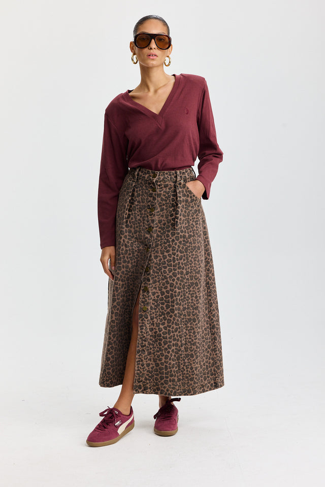 חצאית ג'ינס קמפרי A כפתורים מנומרת