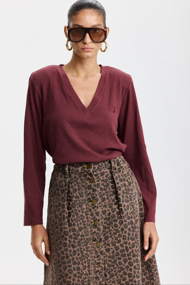 חולצת פנקייק מפתח וי שרוולים ארוכים וכריות נשלפות בורגנדי