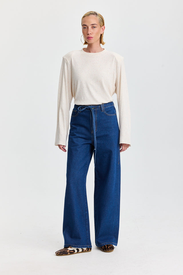 מכנסי ג'ינס טופו מתרחבים קשירה כחול כהה