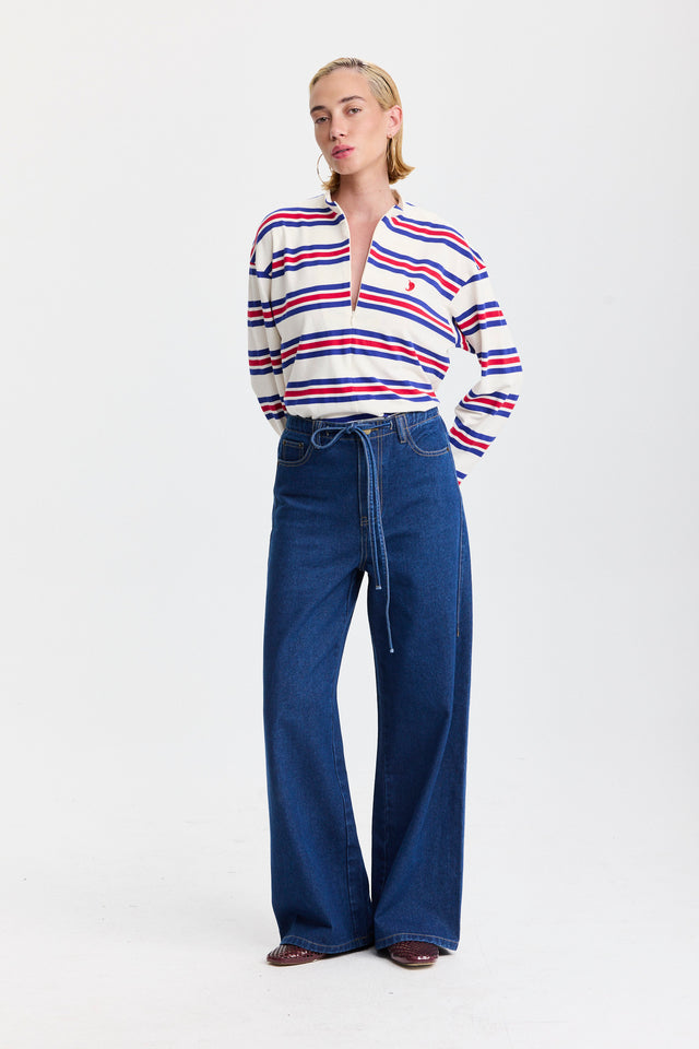 מכנסי ג'ינס טופו מתרחבים קשירה כחול כהה