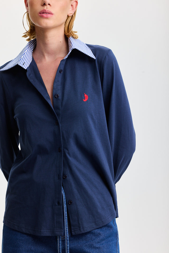 חולצה מכופתרת ספייסי ארוכה כחולה צווארון פסים