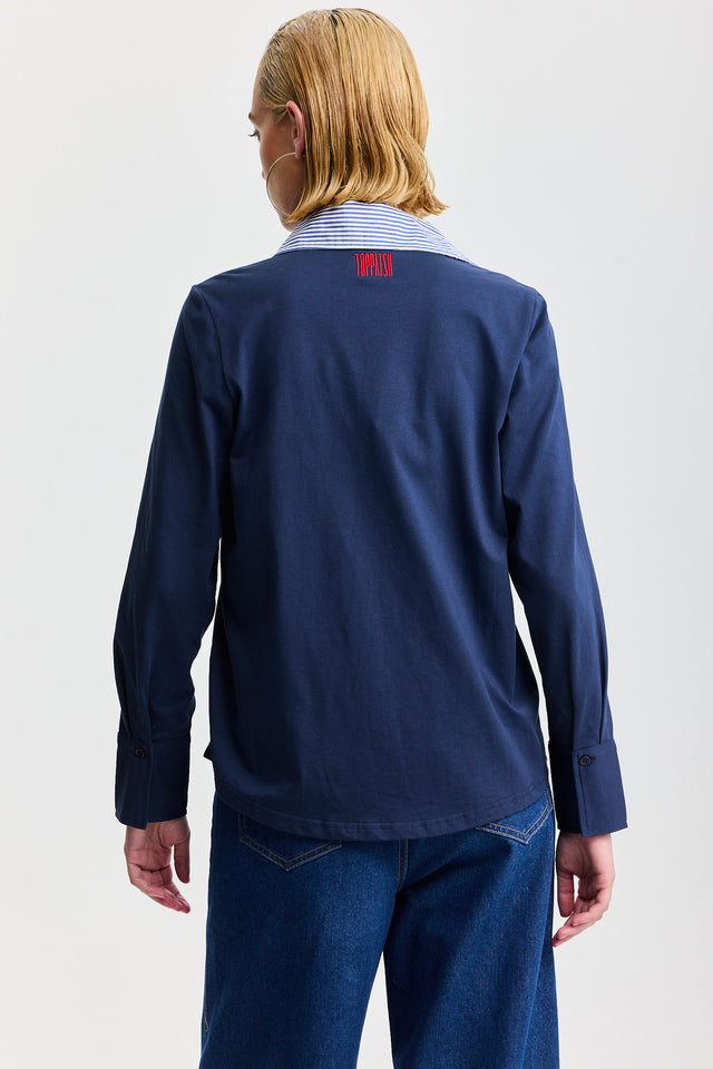 חולצה מכופתרת ספייסי ארוכה כחולה צווארון פסים