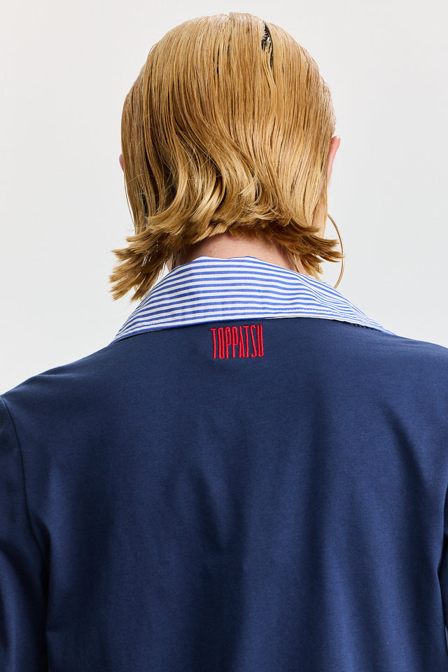 חולצה מכופתרת ספייסי ארוכה כחולה צווארון פסים