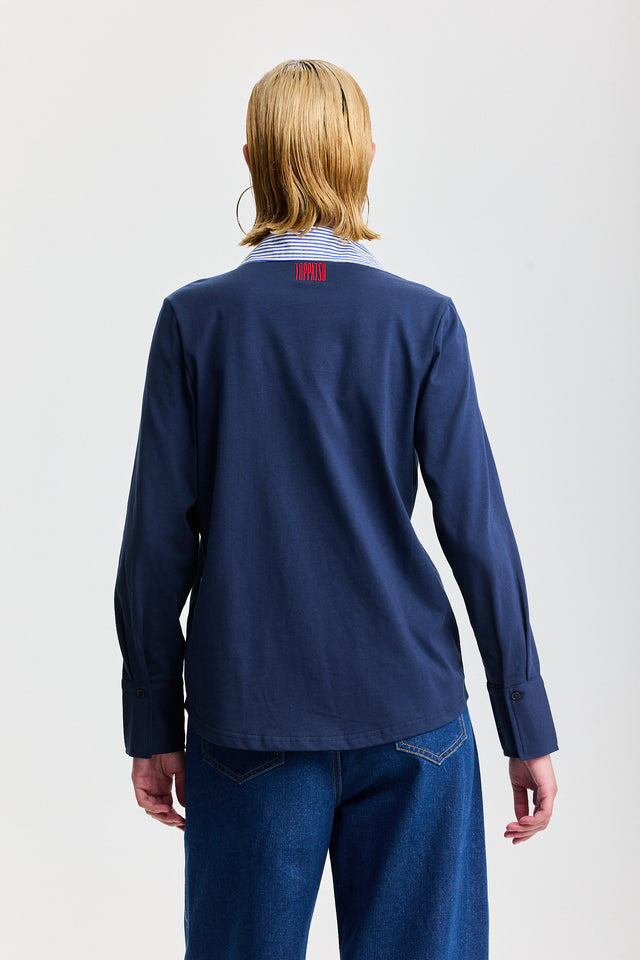 חולצה מכופתרת ספייסי ארוכה כחולה צווארון פסים