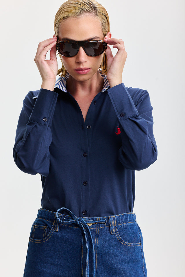 חולצה מכופתרת ספייסי ארוכה כחולה צווארון פסים