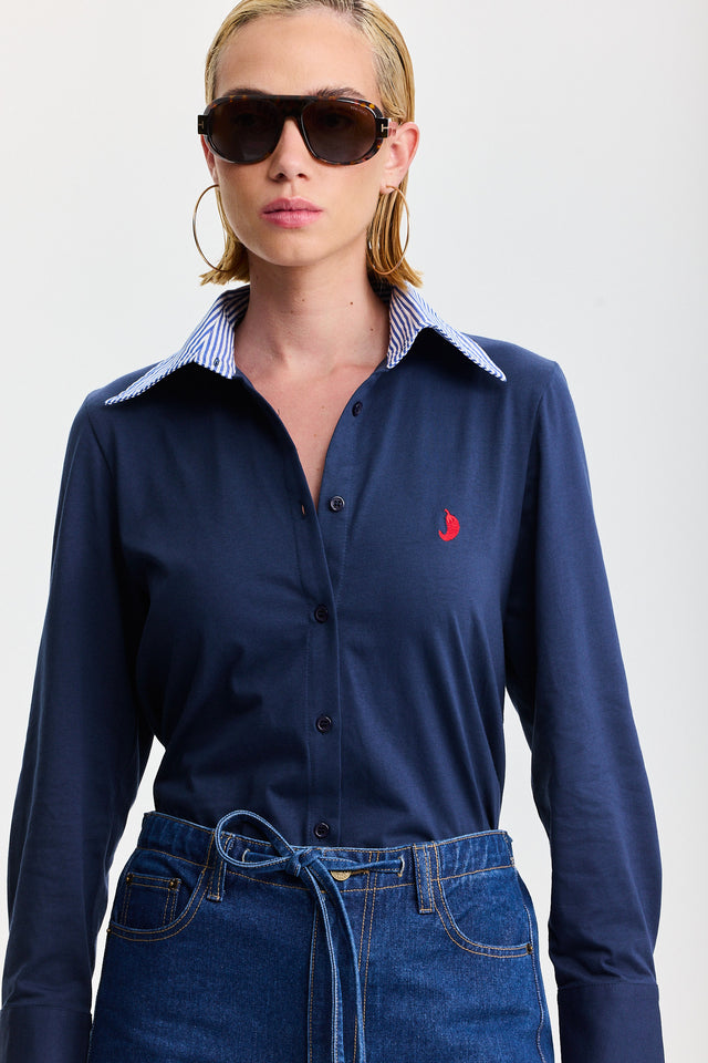 חולצה מכופתרת ספייסי ארוכה כחולה צווארון פסים