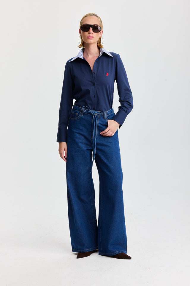 חולצה מכופתרת ספייסי ארוכה כחולה צווארון פסים