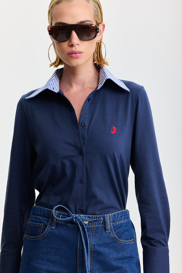 חולצה מכופתרת ספייסי ארוכה כחולה צווארון פסים