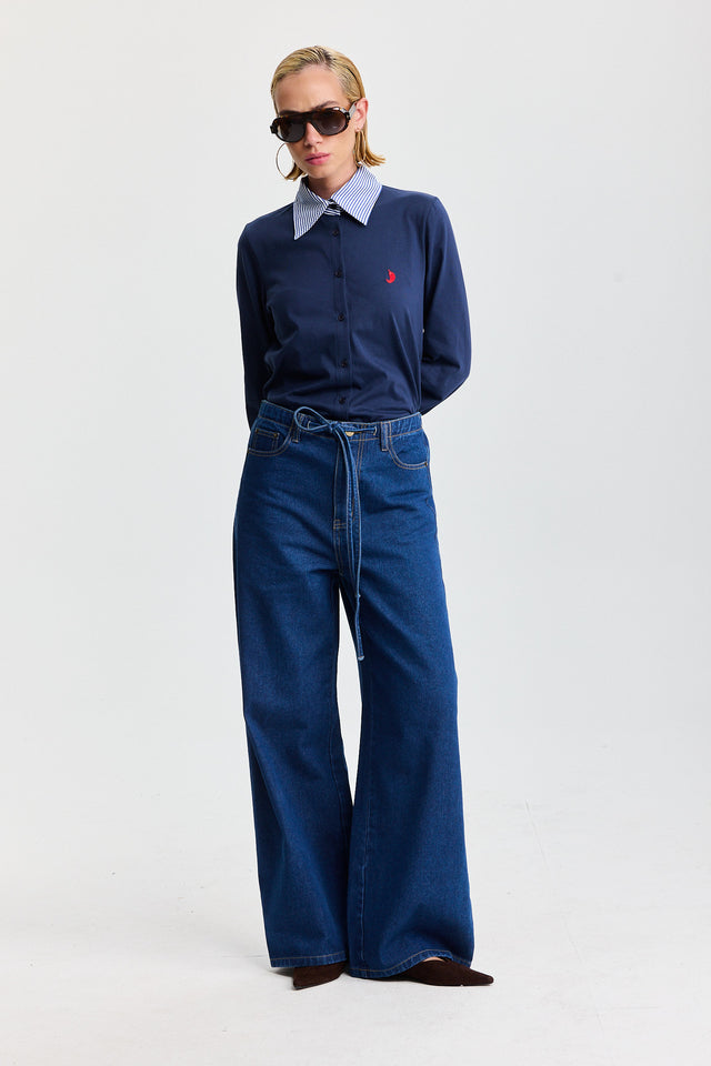 מכנסי ג'ינס טופו מתרחבים קשירה כחול כהה