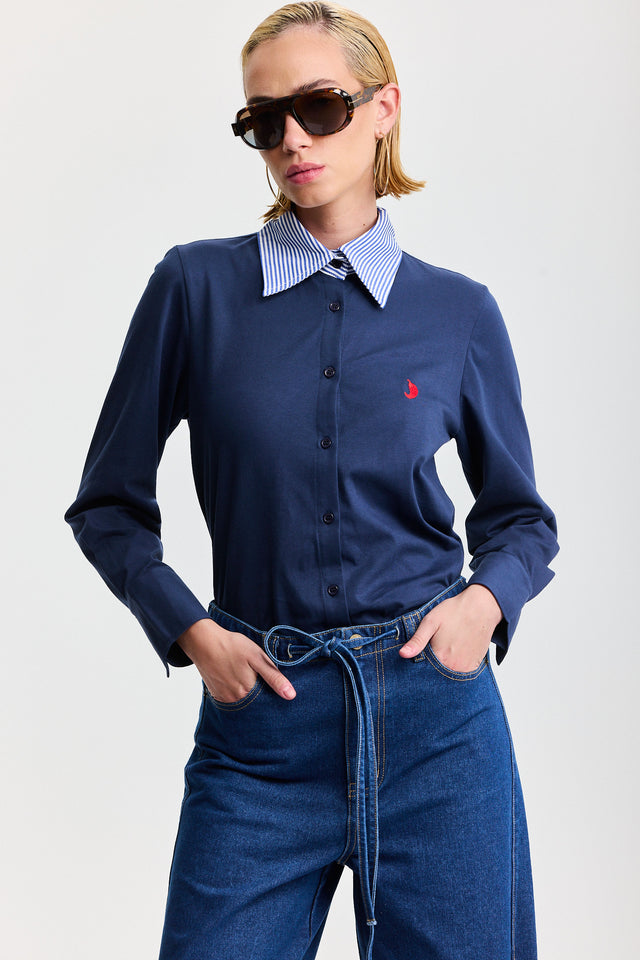 חולצה מכופתרת ספייסי ארוכה כחולה צווארון פסים