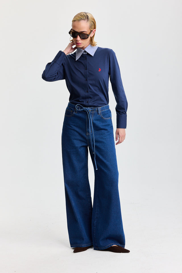 מכנסי ג'ינס טופו מתרחבים קשירה כחול כהה