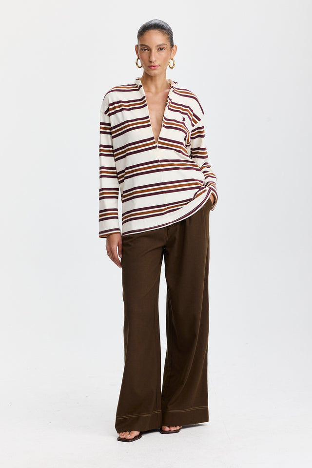 חולצת זיפר ספייסי פסים שרוולים ארוכים חומה