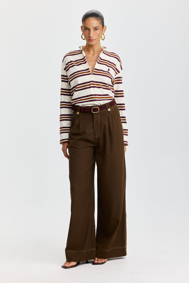 חולצת זיפר ספייסי פסים שרוולים ארוכים חומה