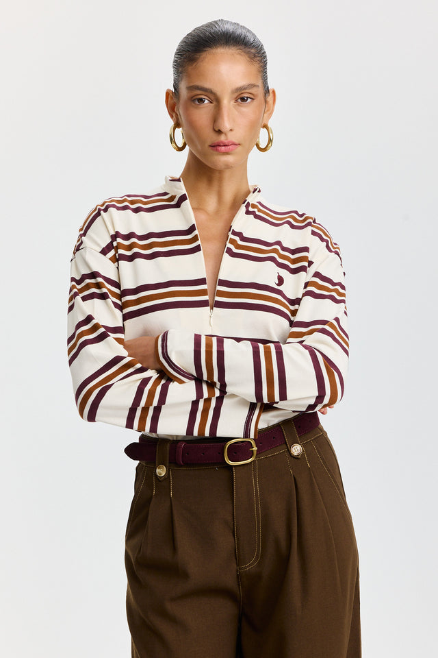 חולצת זיפר ספייסי פסים שרוולים ארוכים חומה