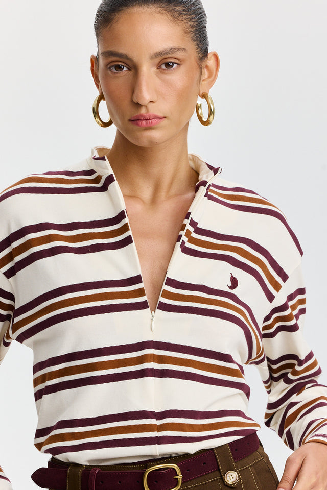 חולצת זיפר ספייסי פסים שרוולים ארוכים חומה