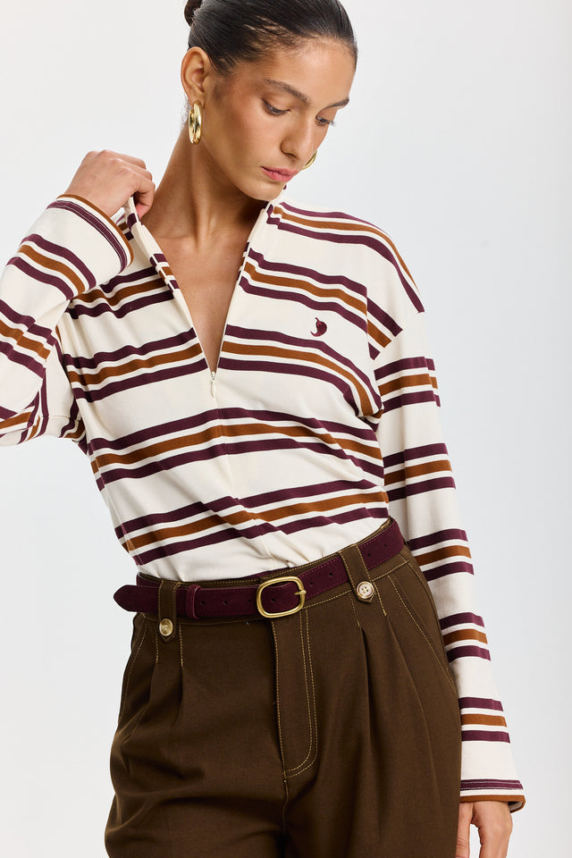 חולצת זיפר ספייסי פסים שרוולים ארוכים חומה