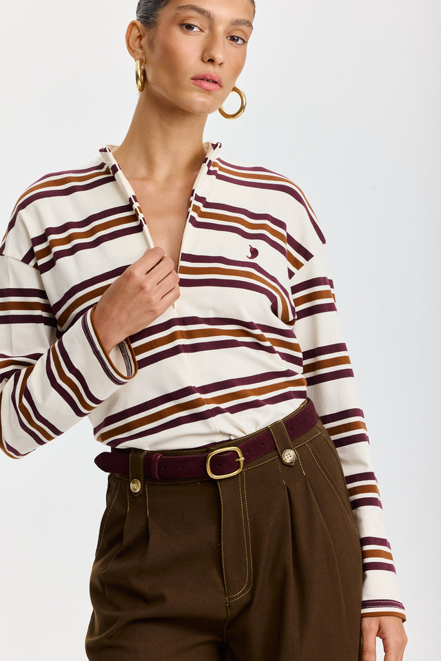 חולצת זיפר ספייסי פסים שרוולים ארוכים חומה