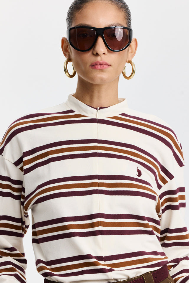 חולצת זיפר ספייסי פסים שרוולים ארוכים חומה