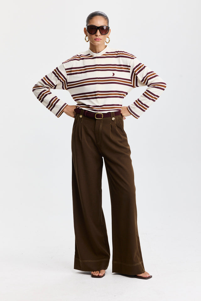 חולצת זיפר ספייסי פסים שרוולים ארוכים חומה