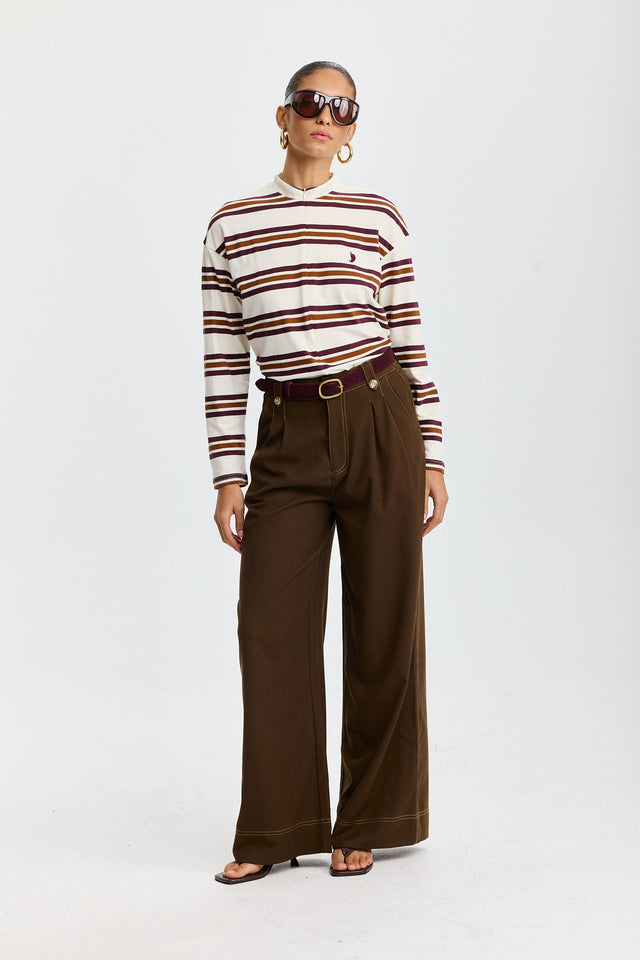 חולצת זיפר ספייסי פסים שרוולים ארוכים חומה