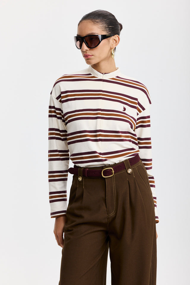 חולצת זיפר ספייסי פסים שרוולים ארוכים חומה