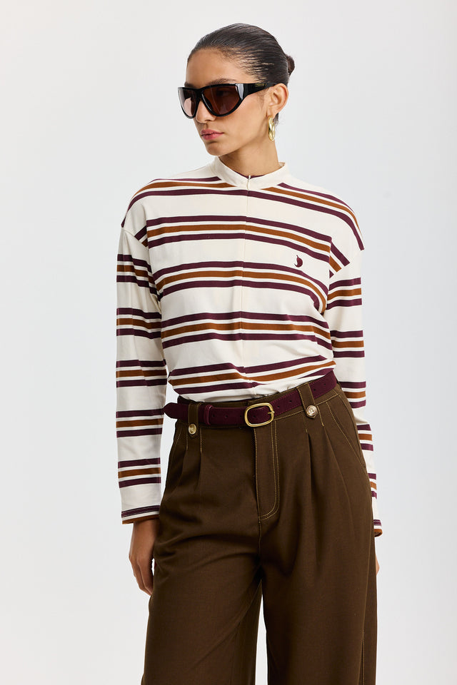 חולצת זיפר ספייסי פסים שרוולים ארוכים חומה