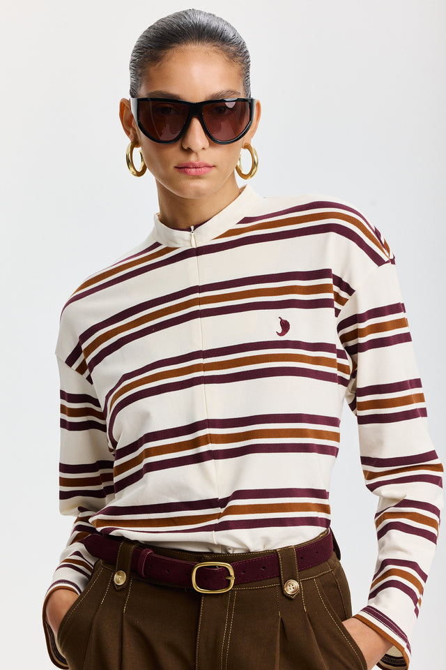 חולצת זיפר ספייסי פסים שרוולים ארוכים חומה