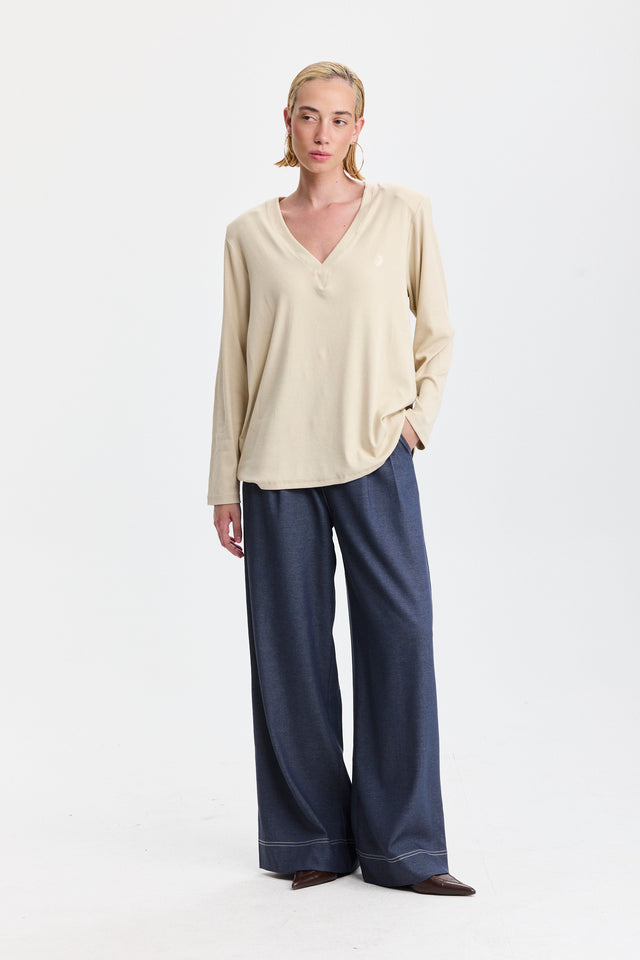 חולצת פנקייק מפתח וי שרוולים ארוכים וכריות נשלפות אבן