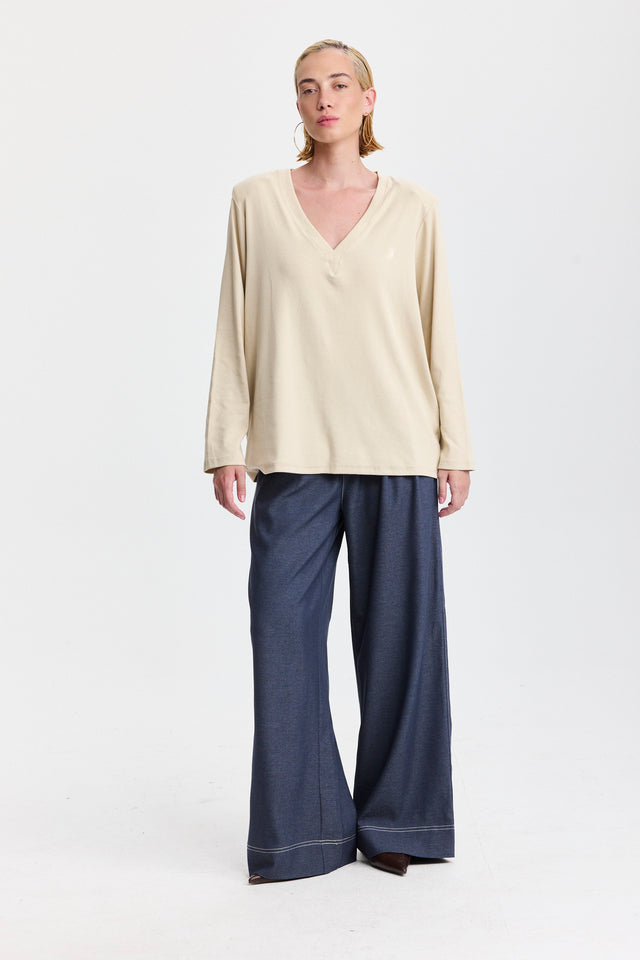 חולצת פנקייק מפתח וי שרוולים ארוכים וכריות נשלפות אבן