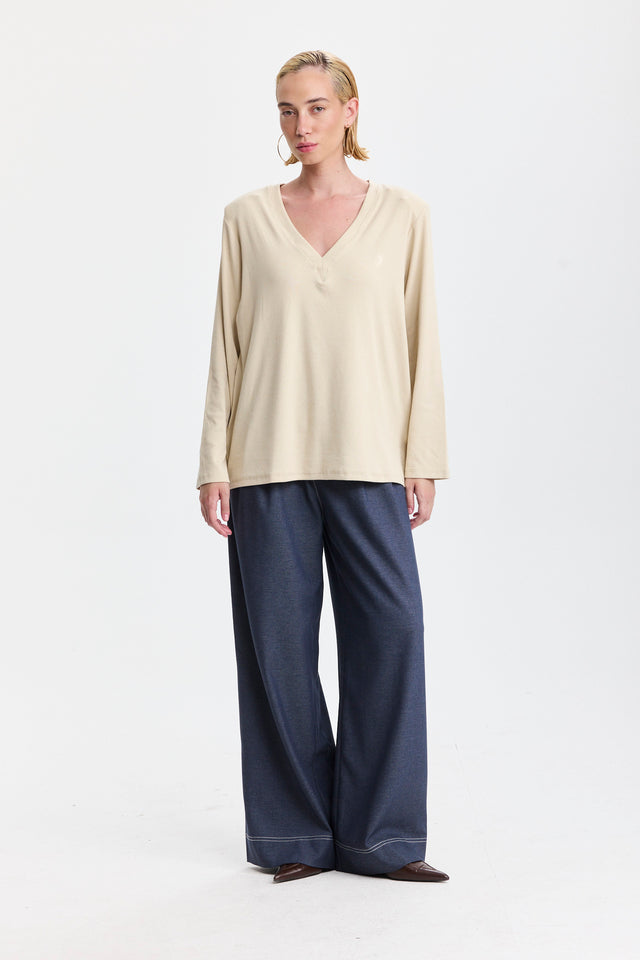 חולצת פנקייק מפתח וי שרוולים ארוכים וכריות נשלפות אבן