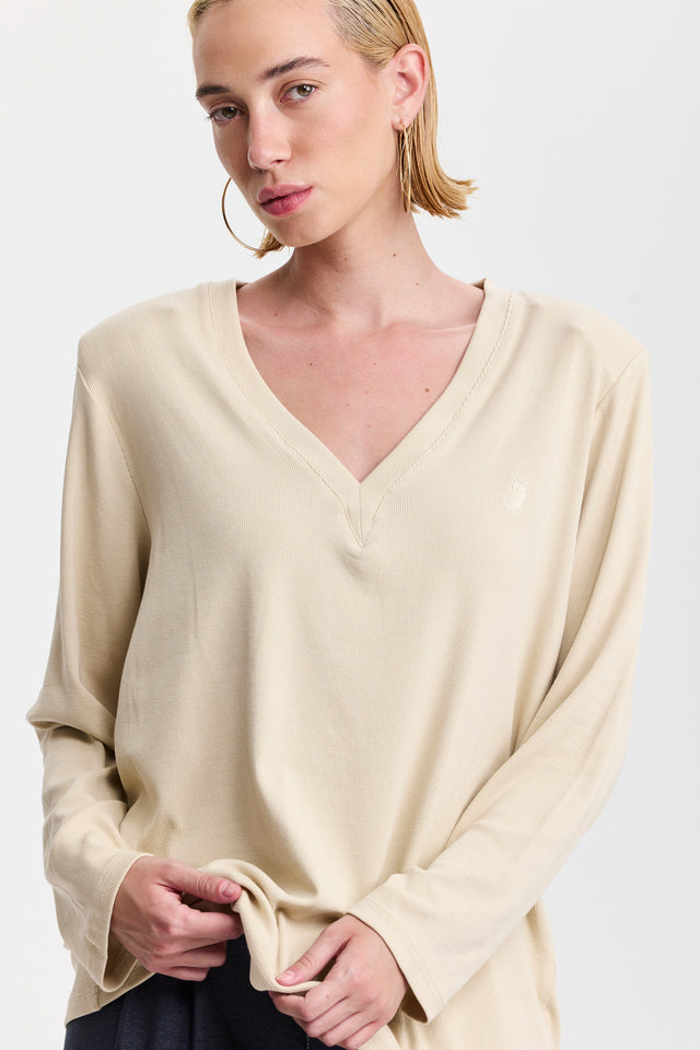 חולצת פנקייק מפתח וי שרוולים ארוכים וכריות נשלפות אבן