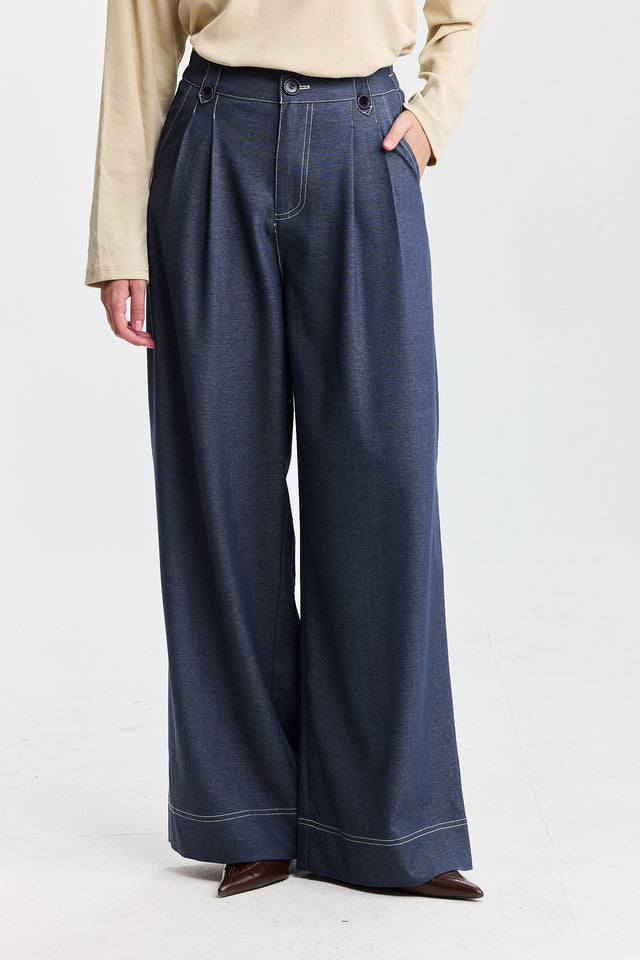 מכנסיים מחוייטים מילקשייק תיפורים קונטרסט כחול עמוק