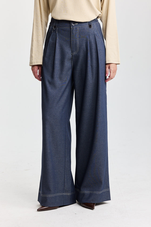 מכנסיים מחוייטים מילקשייק תיפורים קונטרסט כחול עמוק