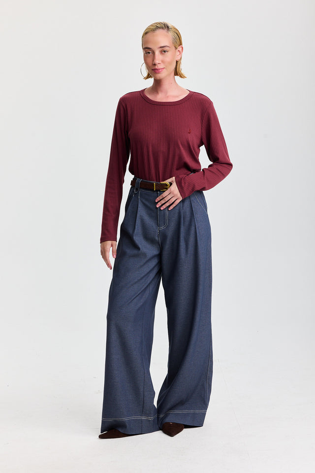 מכנסיים מחוייטים מילקשייק תיפורים קונטרסט כחול עמוק