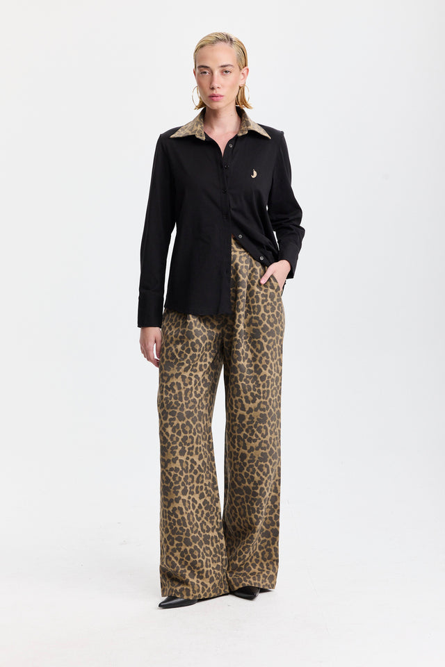 חולצה מכופתרת ספייסי ארוכה שחורה צווארון מנומר