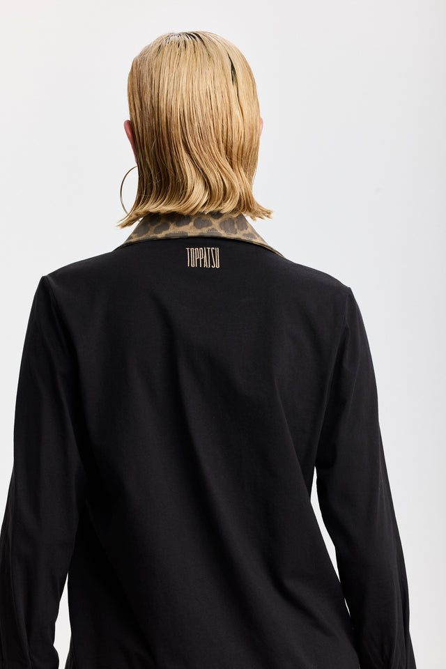 חולצה מכופתרת ספייסי ארוכה שחורה צווארון מנומר