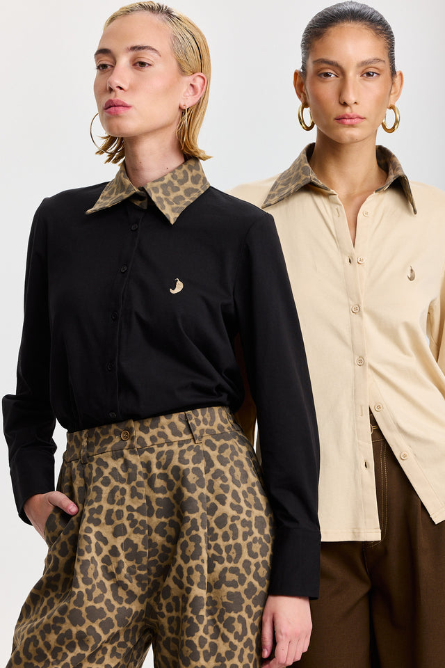 חולצה מכופתרת ספייסי ארוכה שמנת צווארון מנומר