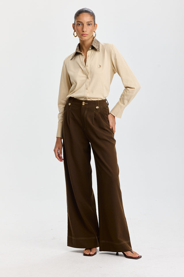 חולצה מכופתרת ספייסי ארוכה שמנת צווארון מנומר