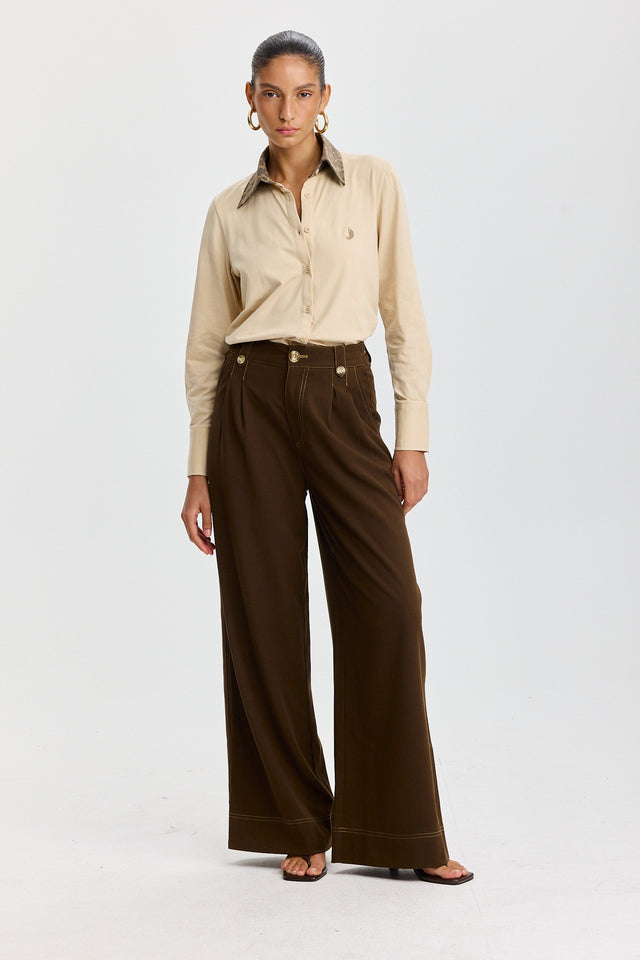 חולצה מכופתרת ספייסי ארוכה שמנת צווארון מנומר